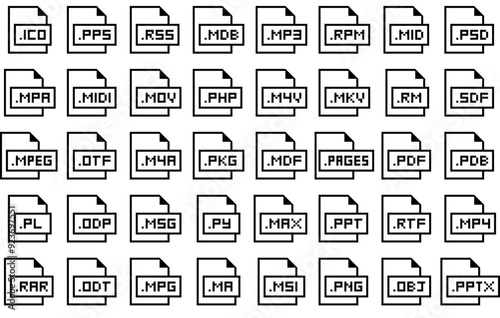 Set Of File Formats And Extensions Isolated Silhouette Solid Icons With Database,Programming,Extension,File,Format Set Vector Flat Line Icons