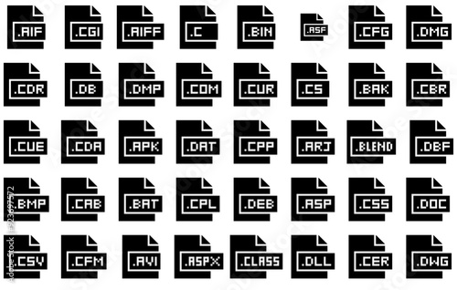 Set Of File Formats And Extensions Glyph Icons Silhouette Vector Logo Design Containing Format,File,Extension,Aif,Aiff Stroke Icon Collection. Vector Illustration