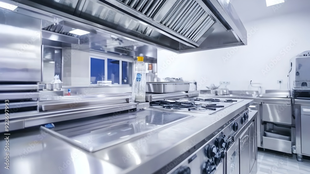 Obraz premium Organized Commercial Kitchen with Stainless Steel Appliances and Culinary Equipment