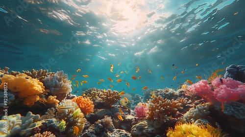 Vibrant underwater world with pastel coral reefs, fish, and sea creatures in clear blue water. Gentle sunlight enhances the serene and enchanting scene. Wide-angle shot, hd quality, natural look.