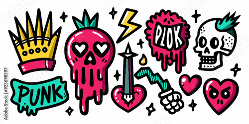 Grunge doodle print set, vector black line tattoo punk element, love heart sign, skull, hands. Ink marker scribble collection, urban graffiti sketch, wax crayon pen emo icon. Grunge doodle y2k designc