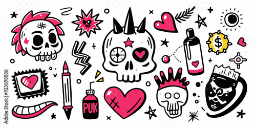 Grunge doodle print set, vector black line tattoo punk element, love heart sign, skull, hands. Ink marker scribble collection, urban graffiti sketch, wax crayon pen emo icon. Grunge doodle y2k designc photo