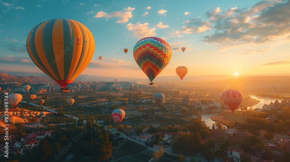 Fototapeta premium A clear, sunny sky filled with hot air balloons in pastel colors of pink, blue, yellow, and green, gracefully floating over a picturesque landscape. Wide-angle shot, hd quality, natural look.