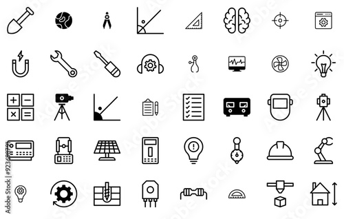 Set Of Linear Engineering And Geodesy Line Glyph Isolated Silhouette Solid Icons With Construction,Measure,Tools,Engineering,Building Infographic Simple Vector Illustration Logo