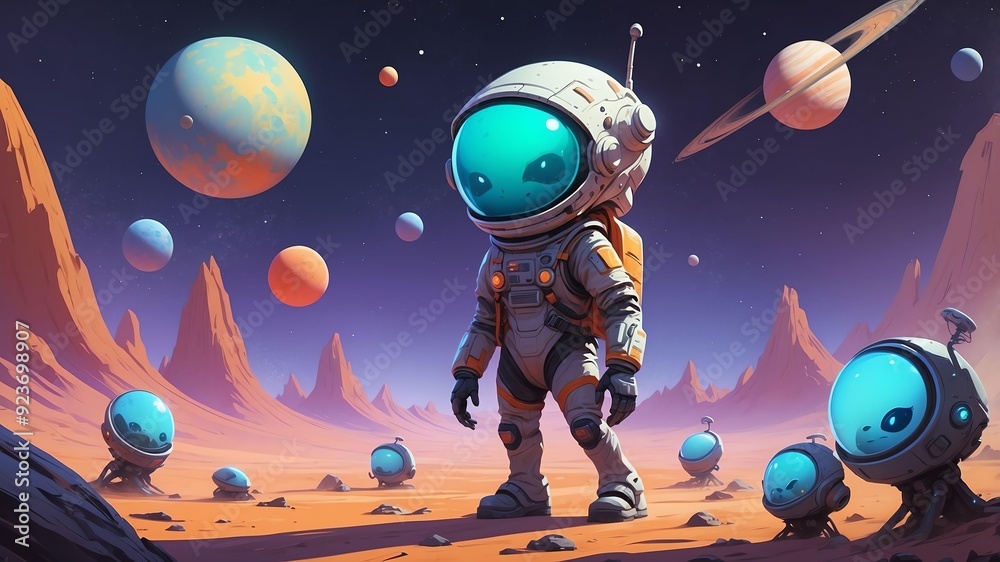 Naklejka premium blip the space explorer an alien exploring different p game concept cartoon