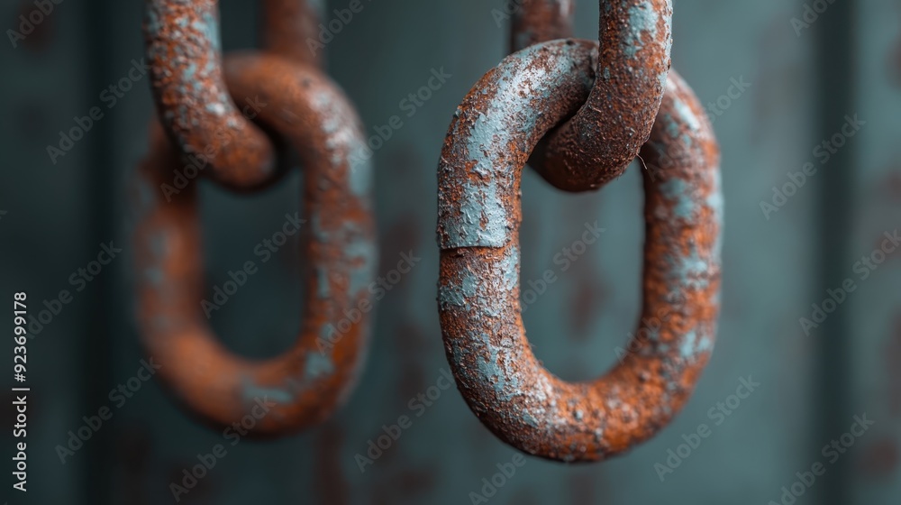 Close-up image of rusty metal chain links hanging, showing the corrosion and the patina that comes with age. The chains evoke strength, time, and nostalgia. Close-up image of rusty metal chain links hanging, showing the corrosion and the patina that comes with age. The chains evoke strength, time, and nostalgia.