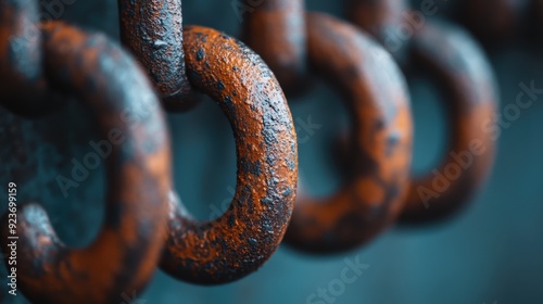 Detailed close-up image of old rusty chains, showcasing the deep textures and colors of the rust infusion. The image evokes a sense of strength fading over time. photo