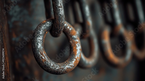 A close-up shot of rusty metal chain links hanging in a linear pattern, highlighting the decay and detailing the textures and colors of weathered steel. photo