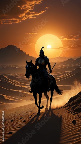 Silhouetted knight on horseback rides through the desert at sunset.