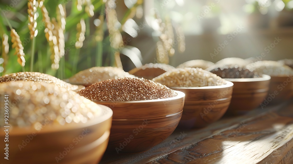 A close-up shot of elegant ceramic bowls filled with a variety of grains, including rice, barley, and quinoa, placed on a rustic wooden table with sunlight streaming through a window, A close-up shot of elegant ceramic bowls filled with a variety of grains, including rice, barley, and quinoa, placed on a rustic wooden table with sunlight streaming through a window,