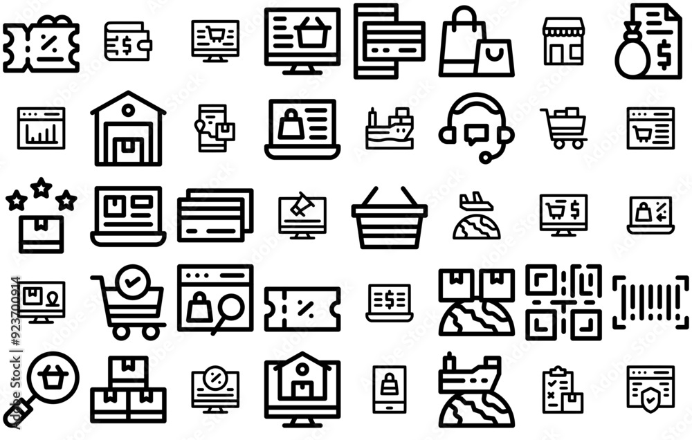 Set Of Linear E Commerce Bold Icons Web Header Banner Design Containing Ecommerce,Payment,Delivery,Online,Shopping Stroke Icon Collection. Vector Illustration