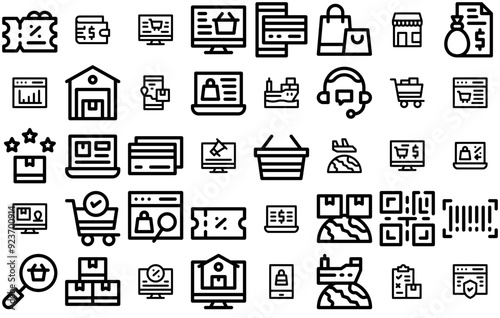 Set Of Linear E Commerce Bold Icons Web Header Banner Design Containing Ecommerce,Payment,Delivery,Online,Shopping Stroke Icon Collection. Vector Illustration