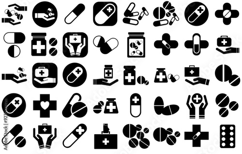 A Collection Of Drug Icons Web Header Banner Design Containing Pill,Pharmacy,Medical,Medicine,Drug Set Vector Flat Line Icons