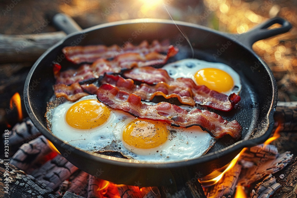 Camping breakfast with bacon and eggs in a cast iron skillet. A pan fried egg with bacon. Food in camp. Camping breakfast with bacon and eggs in a cast iron skillet. A pan fried egg with bacon. Food in camp.