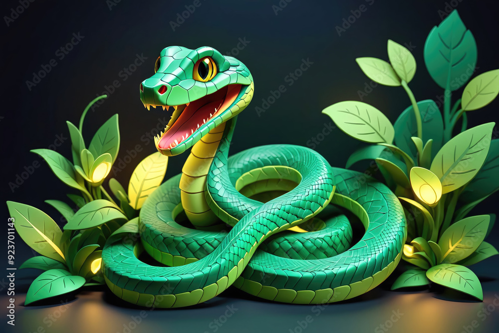 Fototapeta premium A green snake with its mouth open is surrounded by green leaves