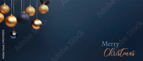 Merry Christmas celebration holiday background greeting card, hanging golden blue baubles, balls isolated on blue background with text