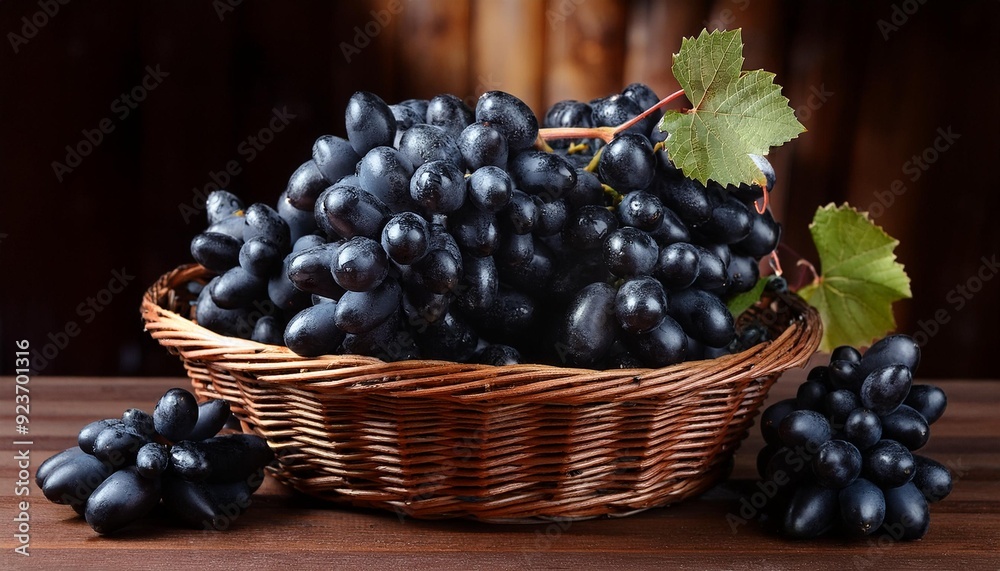 Superior view in grape close up, brown basket of black grapes, generative IA Superior view in grape close up, brown basket of black grapes, generative IA