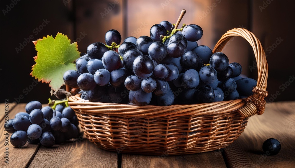 Superior view in grape close up, brown basket of black grapes, generative IA Superior view in grape close up, brown basket of black grapes, generative IA