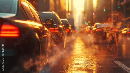 Cars in a traffic jam emit smoke from exhaust pipes on a city street. The realistic scene captures air pollution at golden hour with sharp focus
