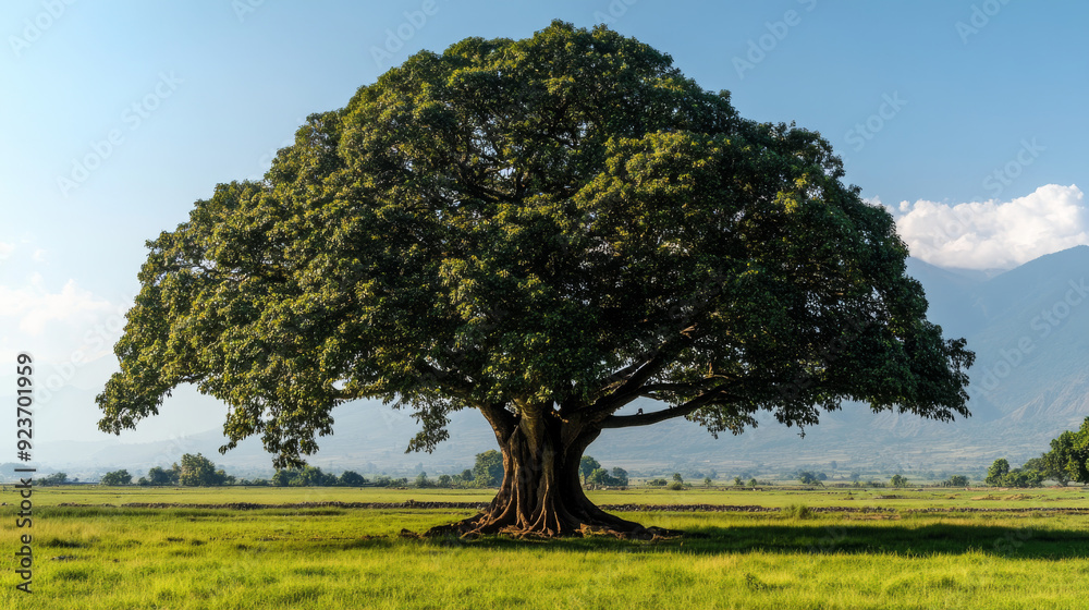 A large, fully-grown Peepal tree stands prominently in the center of a vast green meadow. This tree holds significant religious value for Hindus, set against a sunny day in the eastern plains of Nepal A large, fully-grown Peepal tree stands prominently in the center of a vast green meadow. This tree holds significant religious value for Hindus, set against a sunny day in the eastern plains of Nepal