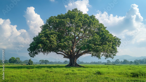 A large, fully-grown Peepal tree stands prominently in the center of a vast green meadow. This tree holds significant religious value for Hindus, set against a sunny day in the eastern plains of Nepal