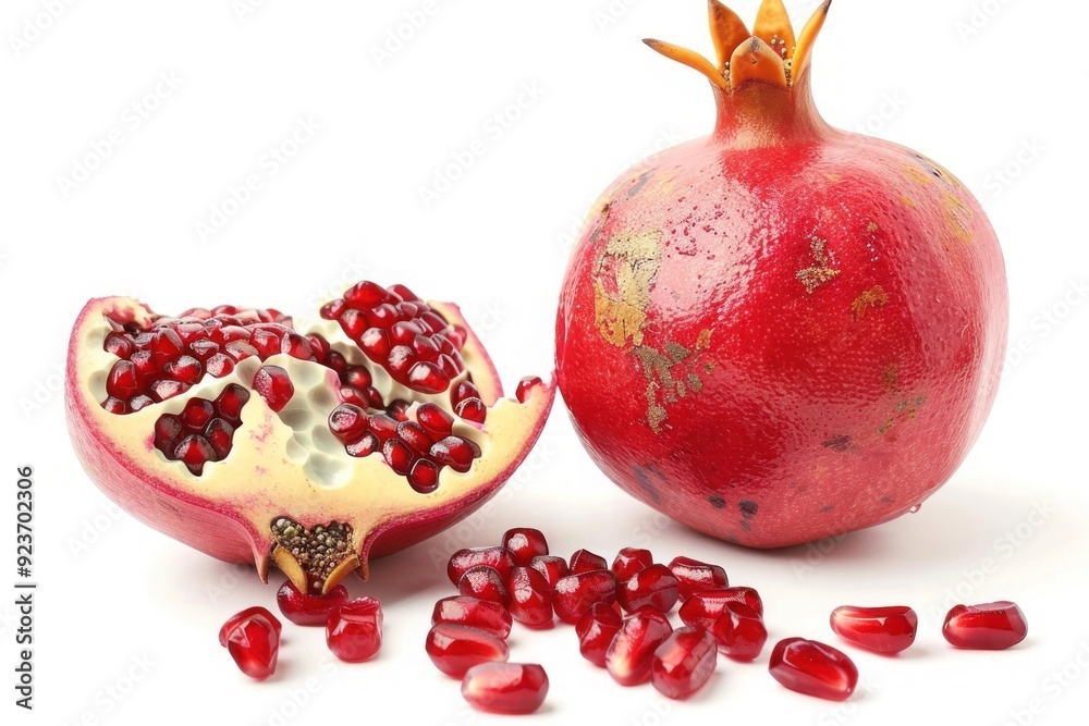 A juicy pomegranate split open to show the red seeds inside, isolated on a pure white background A juicy pomegranate split open to show the red seeds inside, isolated on a pure white background
