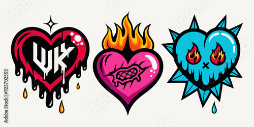 Heart tattoo gothic set, graffiti rock flame shape kit, vector u2k abstract love logo concept. Valentine punk retro sticker collection, neotribal web goth decoration. Dripping heart tattoo prints  photo