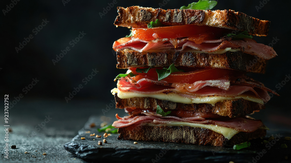 A gourmet triple-layered sandwich featuring fresh tomato slices, lettuce, ham, and cheese, set on a dark slate surface for an appetizing look. A gourmet triple-layered sandwich featuring fresh tomato slices, lettuce, ham, and cheese, set on a dark slate surface for an appetizing look.