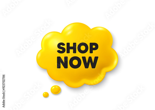 Shop now tag. Comic speech bubble 3d icon. Special offer sign. Retail Advertising symbol. Shop now chat offer. Speech bubble comic banner. Discount balloon. Vector