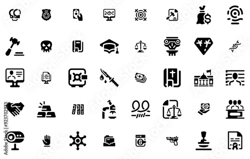 Set Of Linear Crime Law And Justice Pack Isolated Silhouette Solid Icons With Law,Money,Security,Document,Justice Simple Black Style Symbol Sign For Apps And Website, Vector Illustration