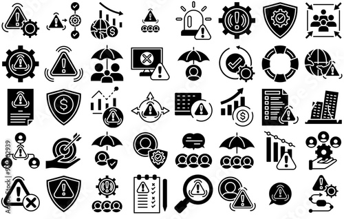 Set Of Linear Crisis Management Isolated Silhouette Solid Icons With Crisis,Emergency,Contingency,Risk-Assessment,Security Stroke Icon Collection. Vector Illustration