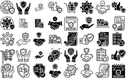 A Collection Of Credibility Icons Silhouette Vector Logo Design Containing Hand,Security,Shield,Protection,Reliability Simple Black Style Symbol Sign For Apps And Website, Vector Illustration