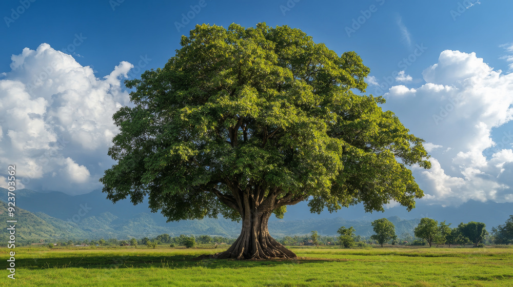 A large, fully-grown Peepal tree stands prominently in the center of a vast green meadow. This tree holds significant religious value for Hindus, set against a sunny day in the eastern plains of Nepal A large, fully-grown Peepal tree stands prominently in the center of a vast green meadow. This tree holds significant religious value for Hindus, set against a sunny day in the eastern plains of Nepal
