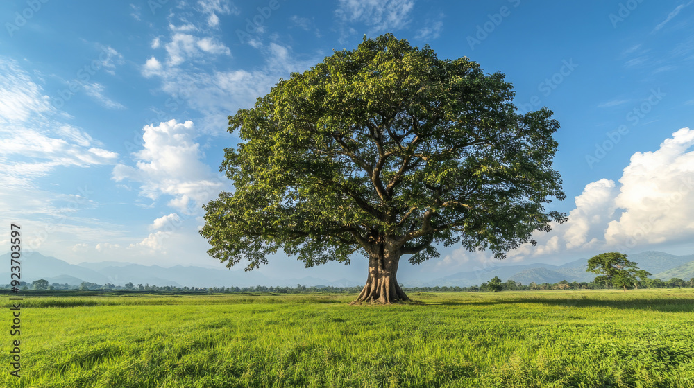 A large, fully-grown Peepal tree stands prominently in the center of a vast green meadow. This tree holds significant religious value for Hindus, set against a sunny day in the eastern plains of Nepal