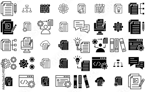 A Collection Of Content Management Isolated Silhouette Solid Icons With File,Article,Writing,Content,Management Solid Icon Collection. Vector Illustration