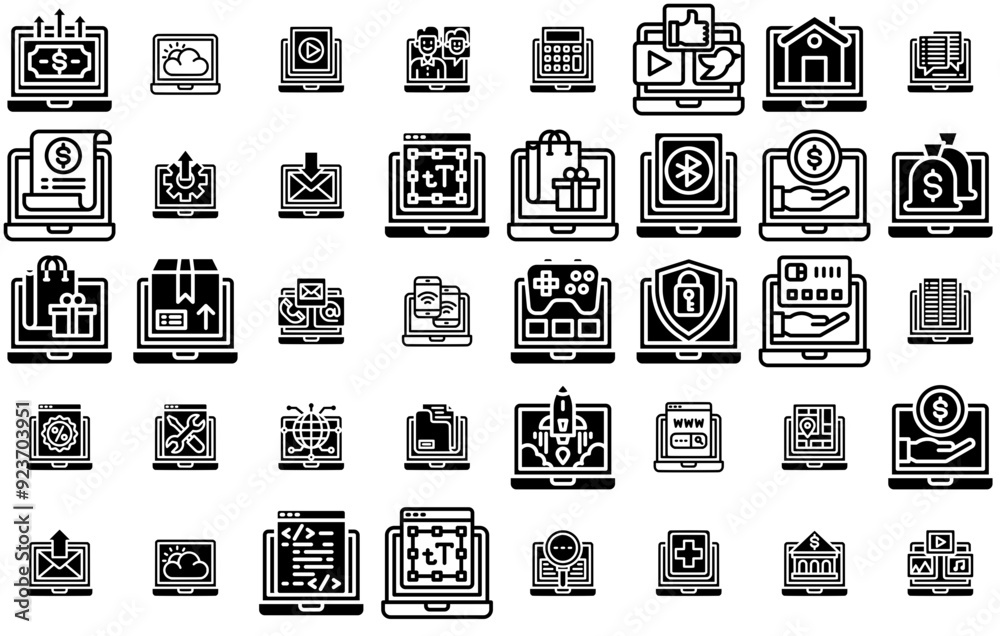 A Collection Of Computer Application Icons Web Header Banner Design Containing Communication,Online,Ecommerce,Laptop,Shopping Pictograms And Infographics Design Elements Vector Illustration