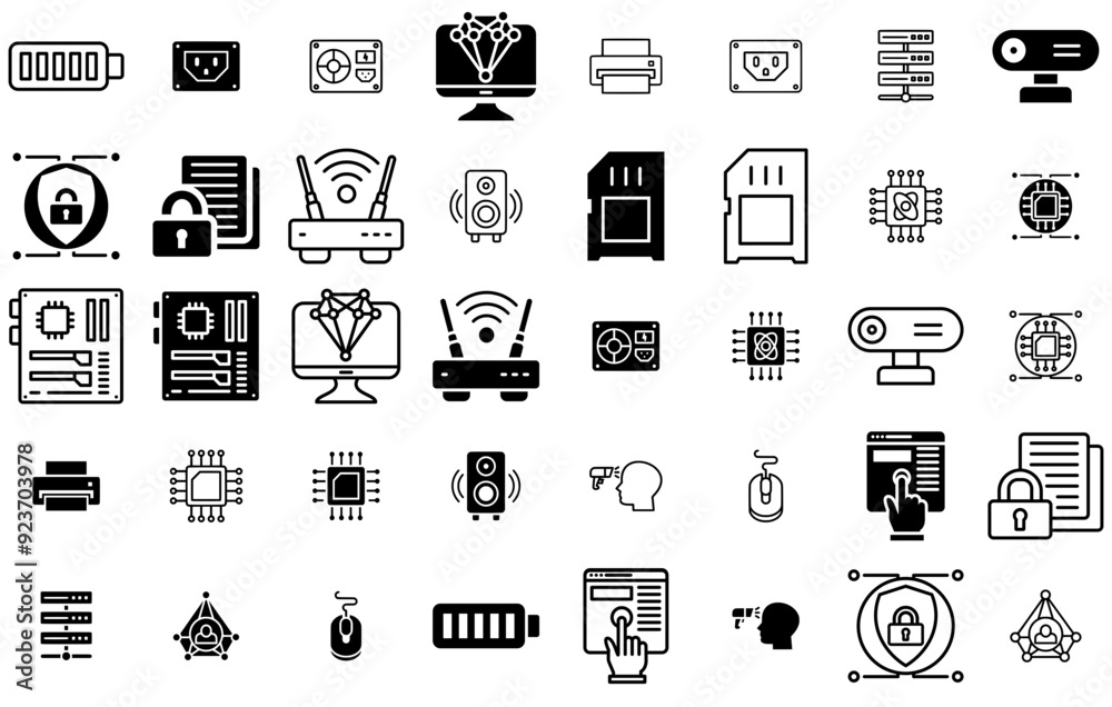 A Collection Of Computer And Hardware Icons Silhouette Vector Logo Design Containing Technology,Service,Network,Electronics,Chip Business Infographic Elements Logo Vector Illustration A Collection Of Computer And Hardware Icons Silhouette Vector Logo Design Containing Technology,Service,Network,Electronics,Chip Business Infographic Elements Logo Vector Illustration