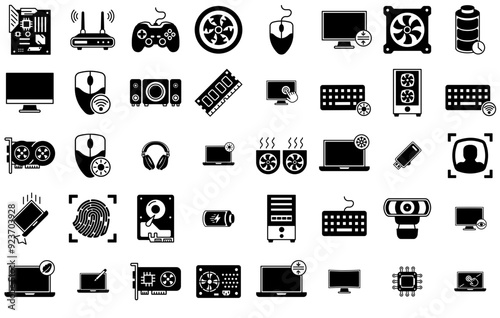 Set Of Computer Interface New Glyph Isolated Silhouette Solid Icons With Peripheral,Notebook,Computer,Laptop,Hardware Stroke Icon Collection. Vector Illustration