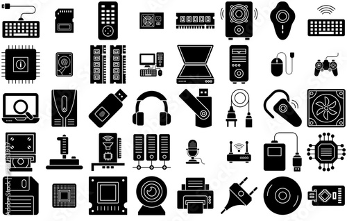 Set Of Computer Hardware Glyph Icon Icons Silhouette Vector Logo Design Containing Power-Supply,Data-Cable,Hardware,Computer-Hardware,Microchip Set Vector Flat Line Icons