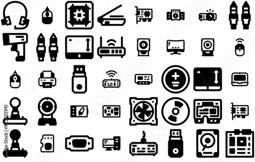 Mega Set Of Vector Computer Component X32 Solidline Isolated Silhouette Solid Icons With Device,Digital,Computer,Hardware,Electronic Solid Icon Collection. Vector Illustration