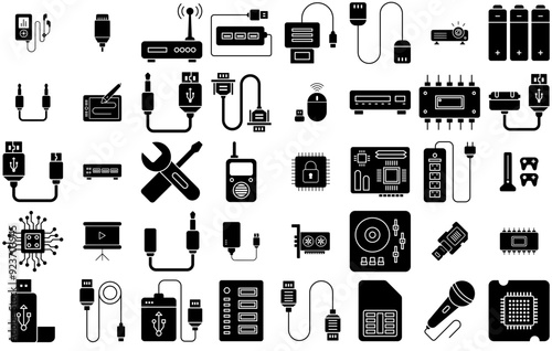 Mega Set Of Vector Computer Hardware Glyph Icon Vector Symbols Apps, Websites Ui Designs Suitable For Microchip,Hardware,Power-Supply,Data-Cable,Computer-Hardware Vector Icons Illustration Collection photo