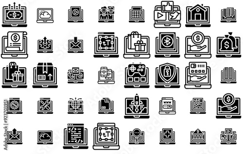 A Collection Of Computer Application Icons Web Header Banner Design Containing Communication,Online,Ecommerce,Laptop,Shopping Pictograms And Infographics Design Elements Vector Illustration