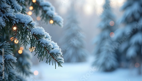 Christmas theme tree branches covered with snow