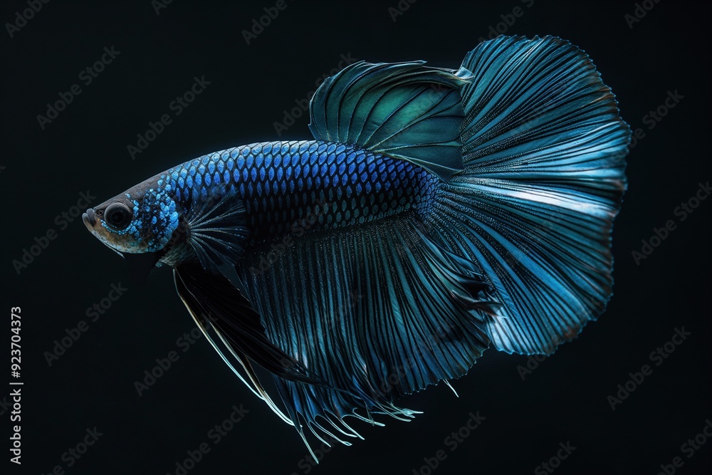 Blue Siamese fighting fish with long flowing fins against a black background. Blue Siamese fighting fish with long flowing fins against a black background.