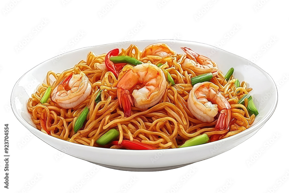 Plate of Singapore noodles with shrimp isolated on white background Plate of Singapore noodles with shrimp isolated on white background