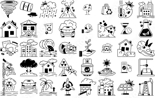 Set Of Linear Climate Change Vector Symbols Apps, Websites Ui Designs Suitable For Pollution,Earthquake,Disaster,Ecology,Nuclear Stroke Icon Collection. Vector Illustration