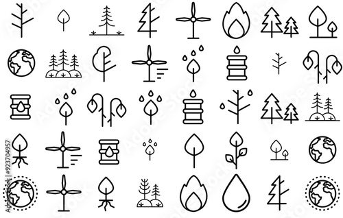 A Collection Of Climate Change Icons Silhouette Vector Logo Design Containing Forest,Tree,Climatic,Drought,Plant Stroke Icon Collection. Vector Illustration