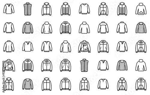 Set Of Linear Cloth Set Icons Silhouette Vector Logo Design Containing Topcoat,Hood,Jacket,Sweater Simple Black Style Symbol Sign For Apps And Website, Vector Illustration