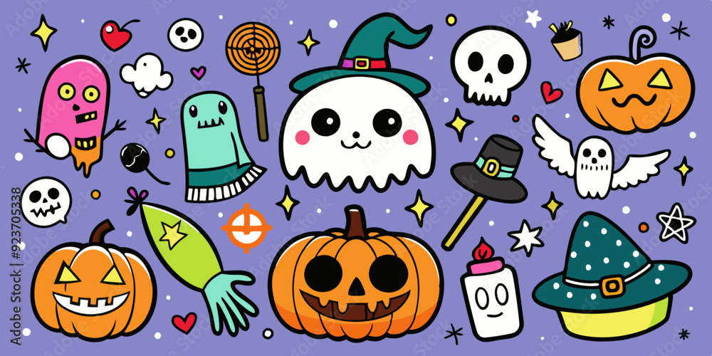 Halloween doodle set, vector October holiday spooky funny icon, horror cartoon scribble, skull, cat. Festive pumpkin face, cute ghost, witch broom, mystery scary celebration symbol. Halloween doodle Halloween doodle set, vector October holiday spooky funny icon, horror cartoon scribble, skull, cat. Festive pumpkin face, cute ghost, witch broom, mystery scary celebration symbol. Halloween doodle