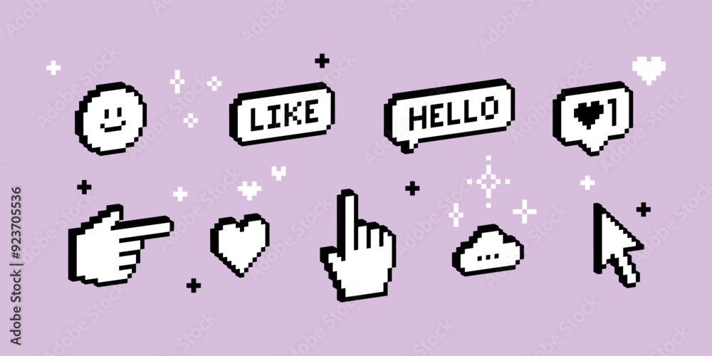 Trendy Y2k retro sticker pack in 3D pixel art. Voxel art. Pointing hand click icon. Smile, like, speech bubble Hello, heart, hand cursor, cursors icons click. Geometric simple shapes. Mood of 90's